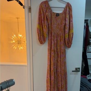 Angie Pink and Yellow Floral Smocked Maxi Dress